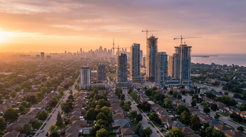 Aerial view of suburban houses and rising skyscrapers in Toronto under a warm sunset sky.