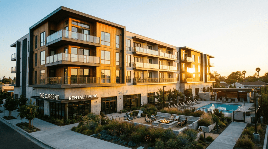 Modern apartment building with a pool and sign reading THE CURRENT RENTAL LIVING.