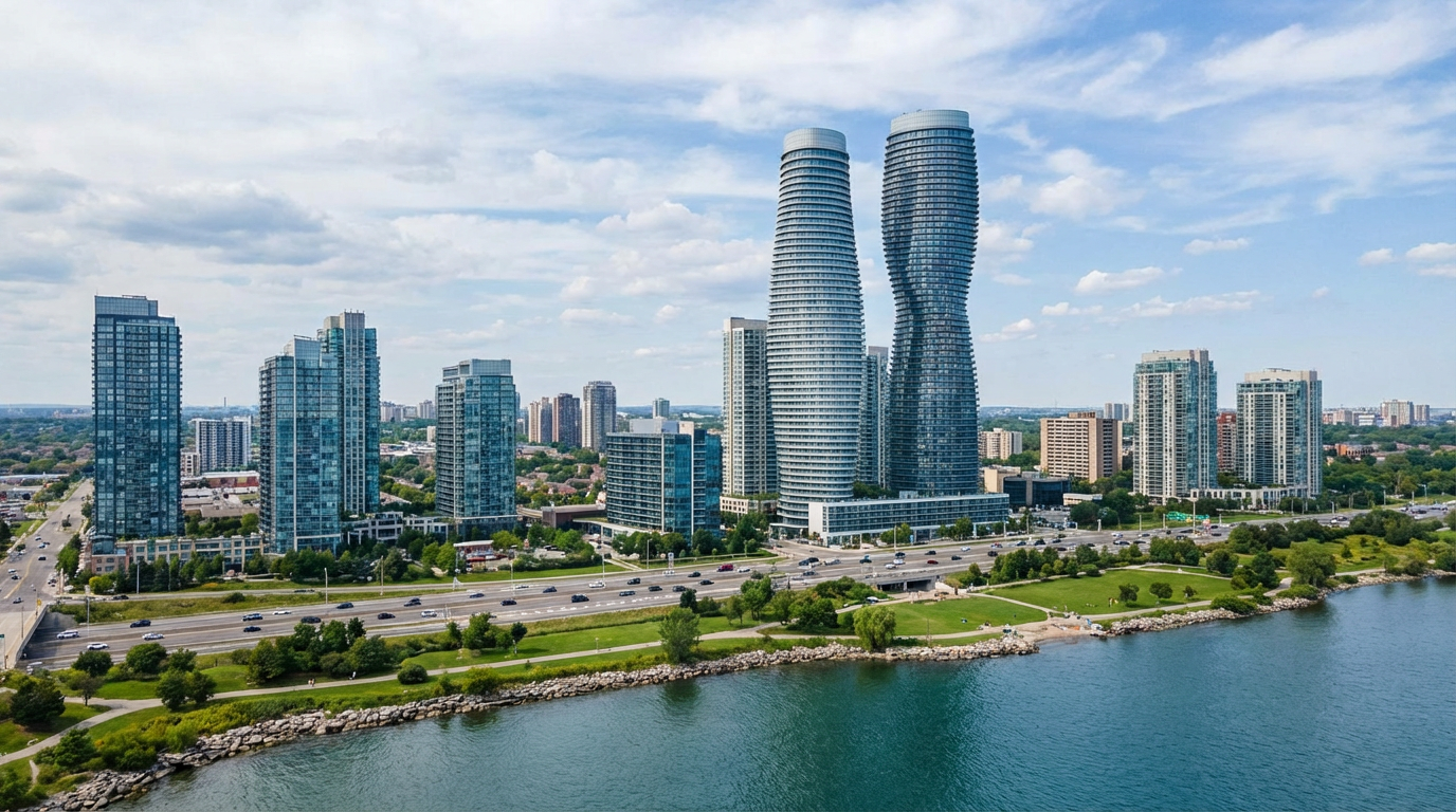 Mississauga city skyline featuring the curvy Absolute World towers near the waterfront
