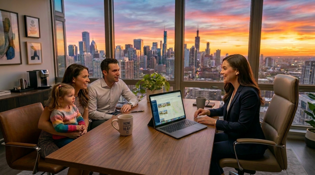 Laptop open on a wooden desk with a real estate website, planner with pen, smartphone, and mug reading 'Home is where the heart is', overlooking a city skyline at sunset through large windows. Please show a couple with a kid sitting across a reltor in his office. Aspect ratio 16:9