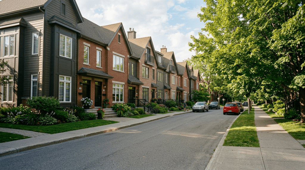 Row of modern townhouses along a tree-lined suburban street with parked cars