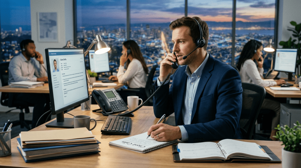 Call center agent with headset speaking on phone and writing notes at desk