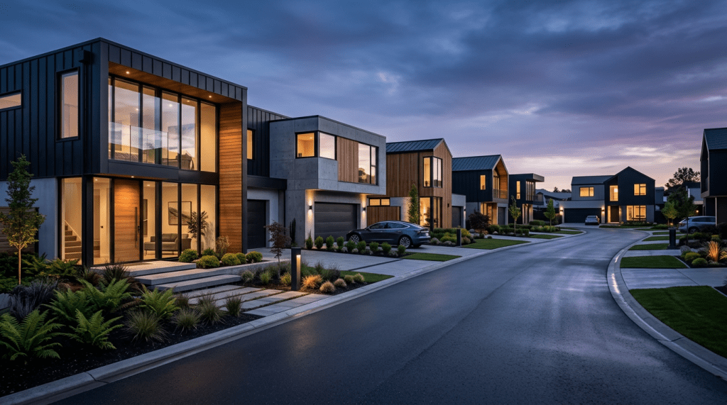 Modern two-story houses with large windows and landscaped yards along a curved street at dusk