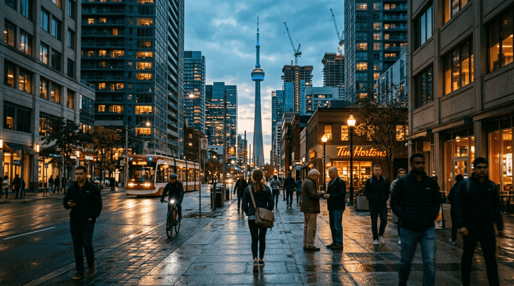 Toronto street with pedestrians, cyclist, streetcar, and CN Tower at dusk