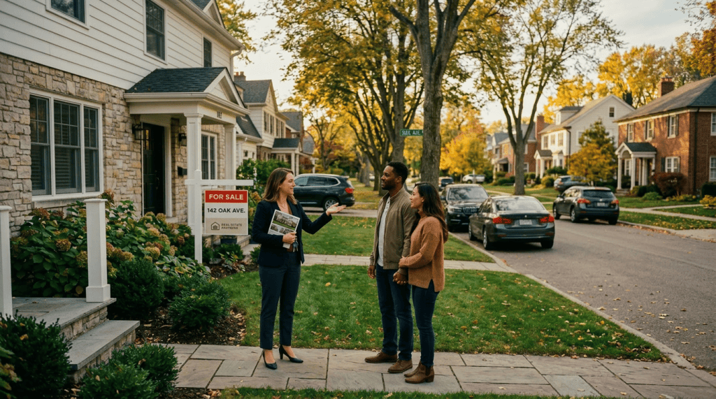 Real estate agent talking to couple in front of house with For Sale sign