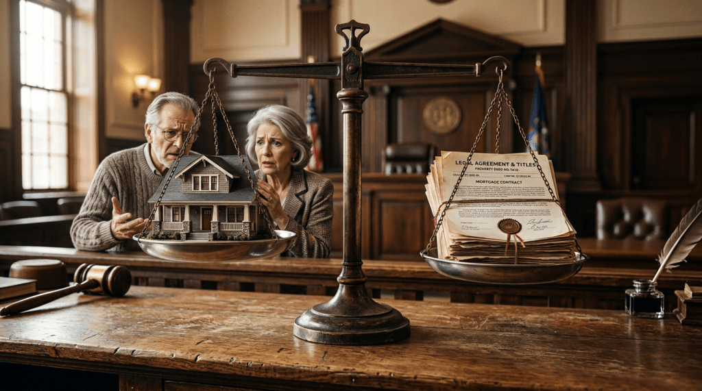 Balance scale with a model house on one side and mortgage contract documents on the other