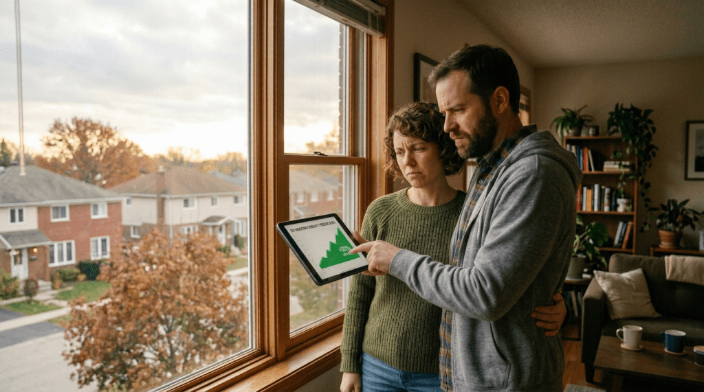 Couple looking at tablet with home value increase graph of 28%